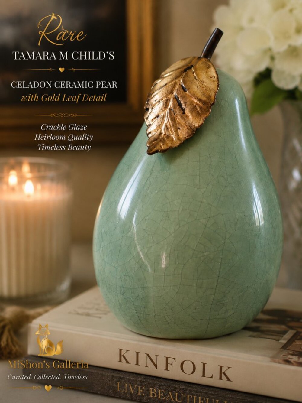 Tamara M. Childs Rare Celadon Crackle Ceramic Pear Gold Leaf Decor NEW